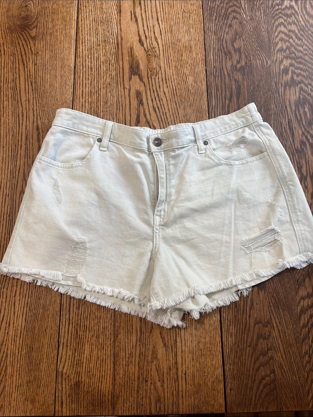 aerie White Distressed Frayed-Hem Denim Shorts